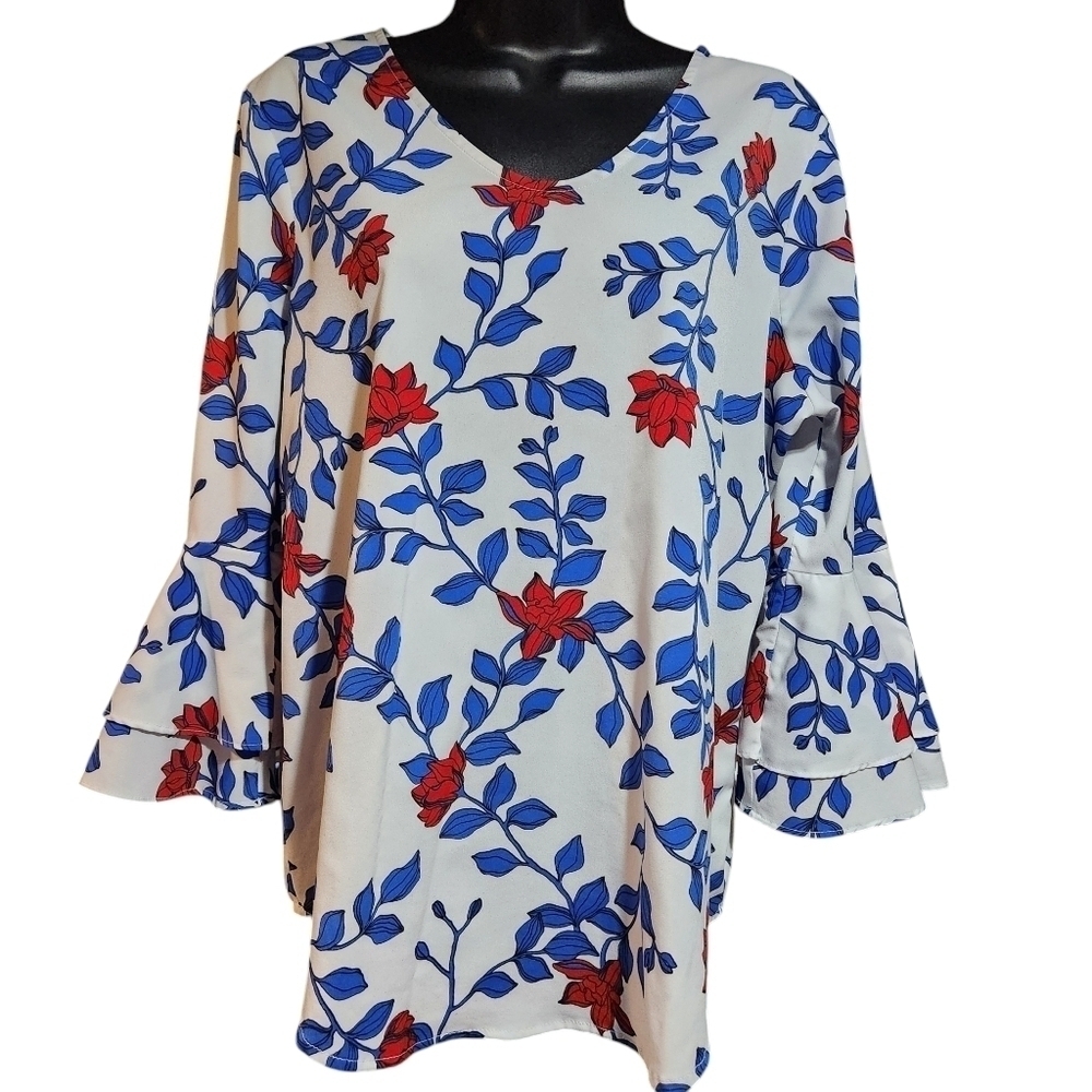 Liz Claiborne Classic Womens Floral Bell Sleeve Blouse Size M